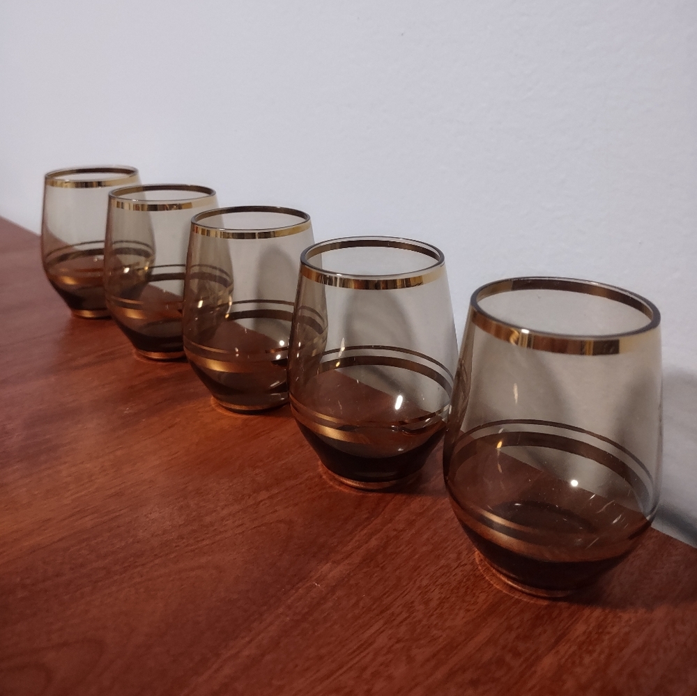 Set of 5 MCM Gold Rimmed Shot Glasses Amber / Smoke Glass with Gold Rings